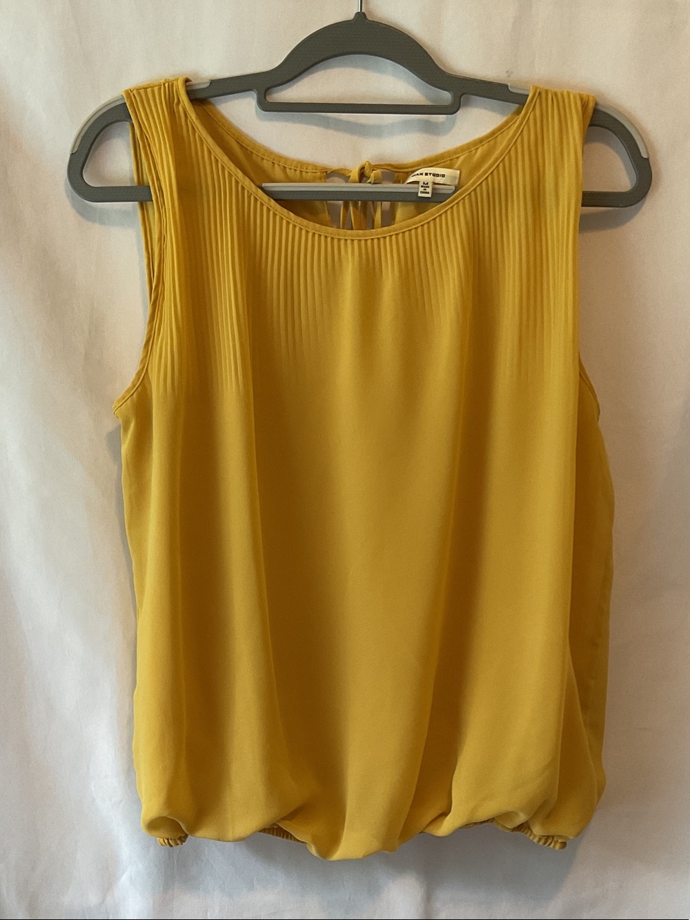 Max Studio Mustard Sleeveless Blouson Pleated Shoulder Delicate Tie-back Top